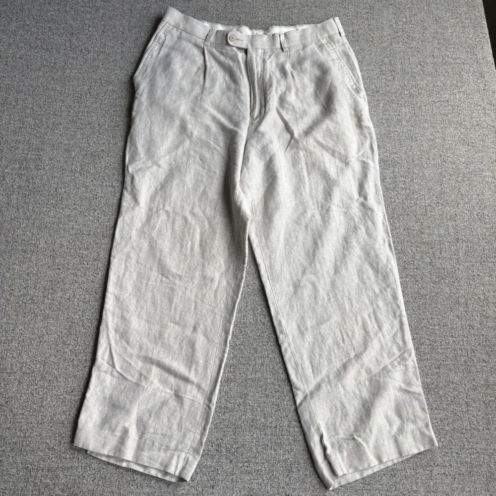 Cubavera Linen Pants Mens 34x28 Pleated Herringbone Beige Relaxed Wide Leg